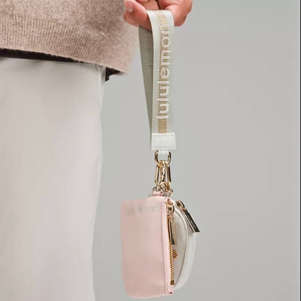 NWT Lululemon Dual Pouch Wristlet Wallet Keychain Wordmark -Vapor Gold Gray Pink - Picture 2 of 2